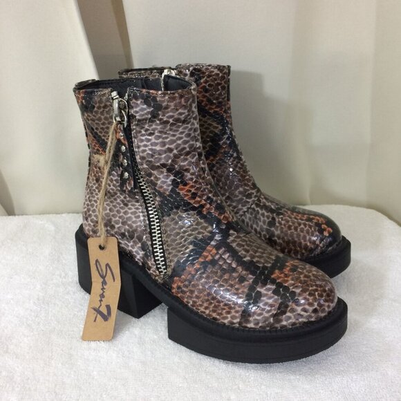 NEW Seven 7 Ankle Boots Seven7 Snakeskin Print Brown Chunky Double Zipper Size 6 - Picture 4 of 7